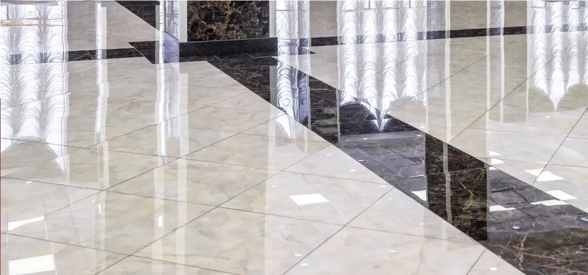 Polished ceramic tile floor with reflective finish